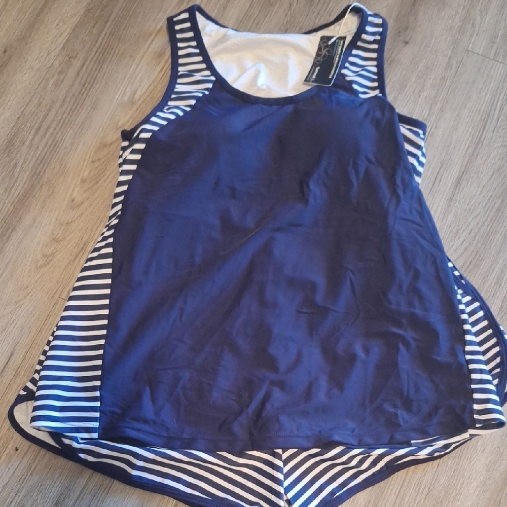 Navy Blue Striped Women's Padded Tankini/ Short Set.